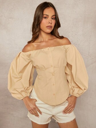 L'Amorae Elegant Solid Off Shoulder Lantern Sleeve Blouse