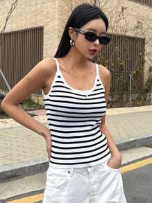 DAZY Summer Casual Knit Striped Camisole Top - Black and White - View 4