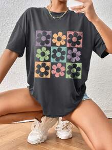 INAWLY Women Summer Floral Print Round Neck Short Sleeve Casual T-Shirt Graphic Tees Women Tops