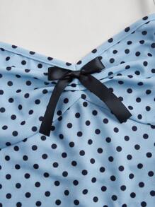 SHEIN MOD Đầm chấm bi mềm mại và thanh lịch có nơ cho nữ - Màu xanh nhạt - Xem 3
