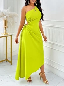 SOLERSUN One Shoulder Cut Out Drawstring Side Asymmetrical Hem Dress Dress Maxi Women Outfit