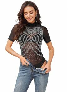 Black Cat Ears Shape Rhinestones Short Sleeve Bodysuit