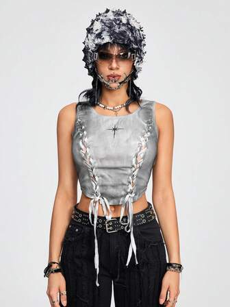 Grunge Punk Blusa sin mangas informal con efecto tie-dye sexy y bajo asimétrico con efecto desgastado para mujer