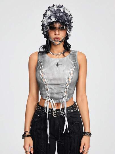 Grunge Punk Top in modalità casual e sexy da donna con effetto tie-dye, orlo asimmetrico e effetto vissuto