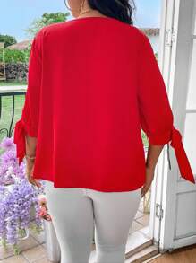 EMERY ROSE Plus Size Faux Pearl Beaded Round Neck Hollow Out Tie Front Summer Casual Shirt For New Year Clothes