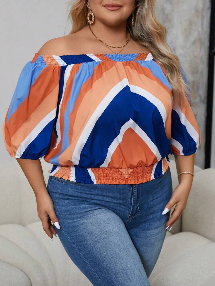 Plus Size Off Shoulder Knit Cable Contrast Color Summer Blouse