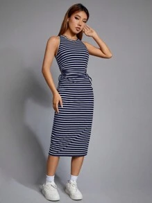 SHEIN EZwear Navy Striped Knitted Women Dress - Blue and White - View 4