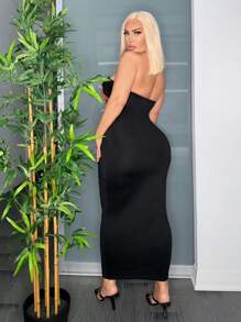 SHEIN SXY Đầm bó sát in họa tiết cao su không quai kiểu Mỹ cỡ lớn bằng vải thun co giãn cao - màu đen - Xem 2