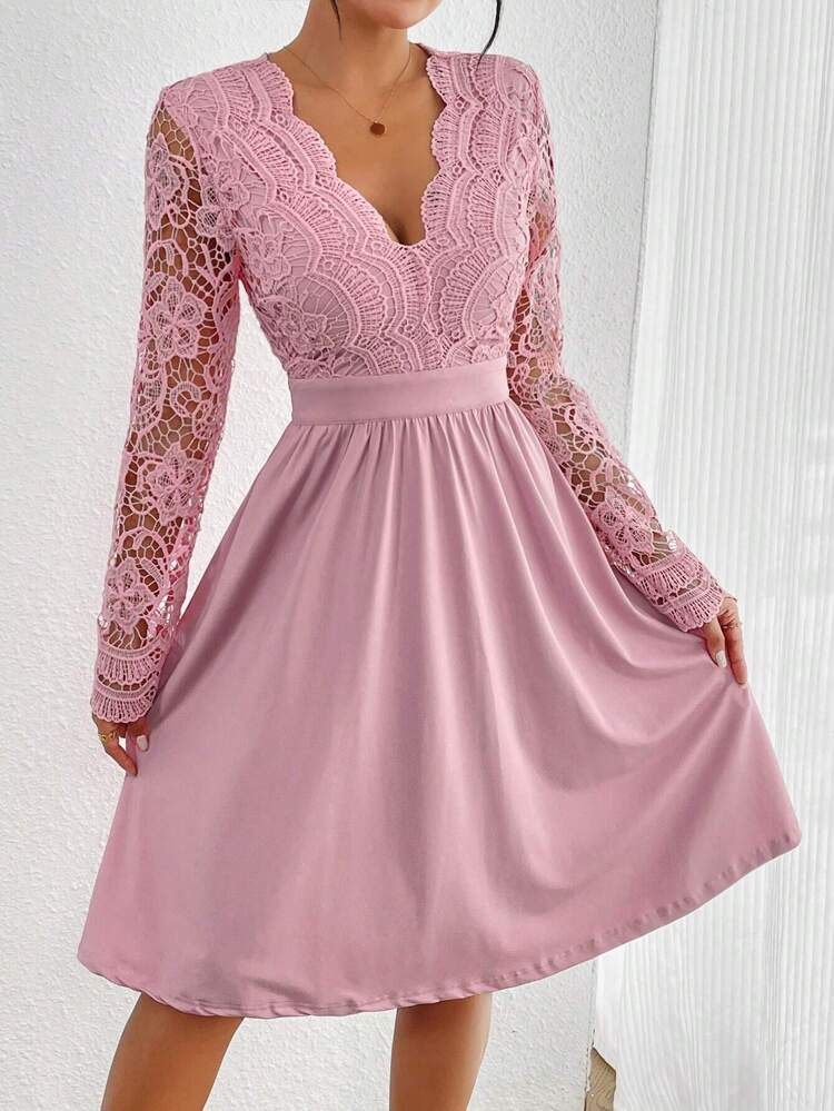 Women Spring/Summer Long-Sleeve Backless Lace Patchwork Elegant Dress