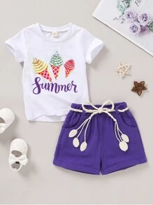 3pcs Lovely Baby Girl Elegant Comfortable Ice Cream & Letter Pattern T-Shirt And Plain Sports Shorts With Belt - Multicolor - View 3