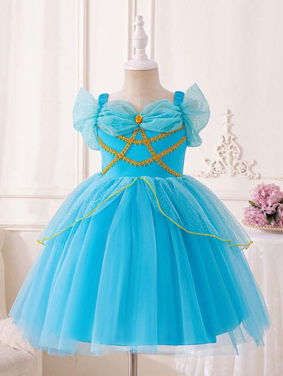 SHEIN Glamorique Kids Young Girl Blue  Style Girls" Tulle Dress, Perfect For Birthday Party And Festivals, With Golden Glitter, Lace Hemline - Blue - View 1