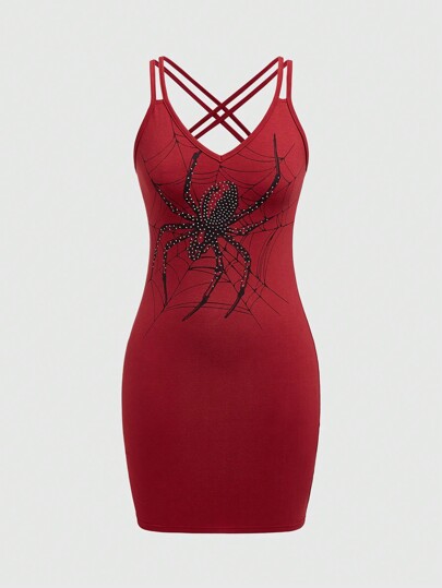 Grunge Punk Vestido ajustado de impresión araña ajustado para mujer con correas cruzadas