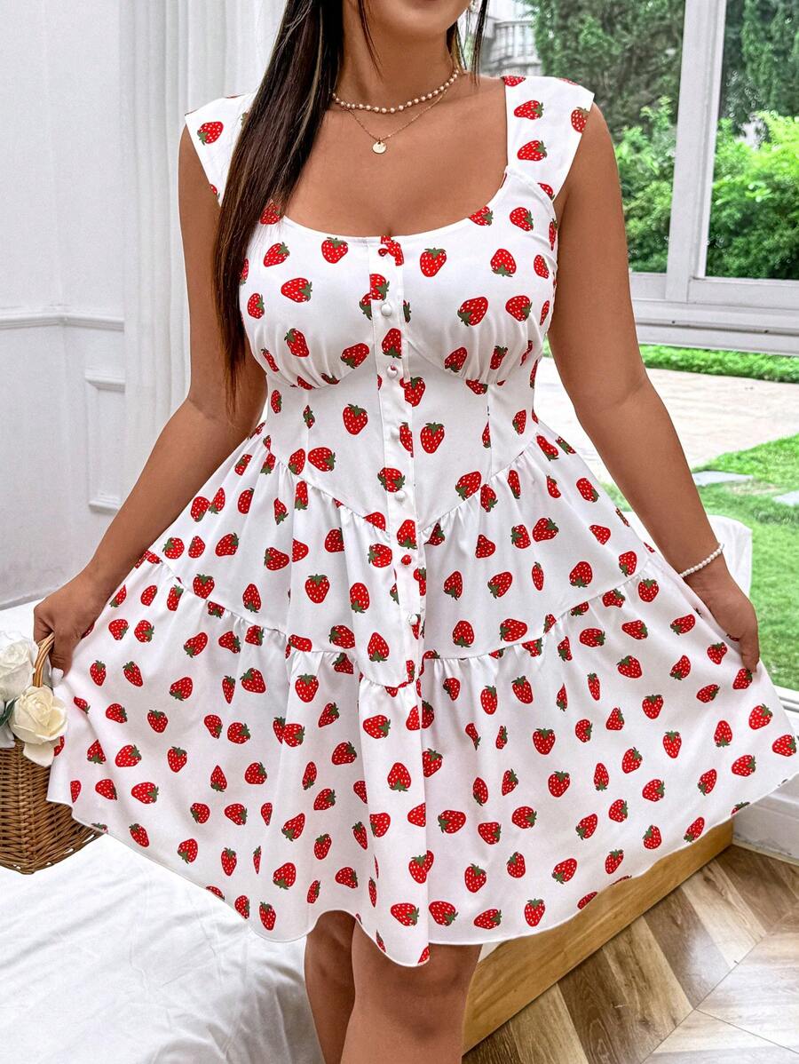 Sunnyshic Plus-Size Women Strawberry Print Simple Style Dress - Multicolor - View 1