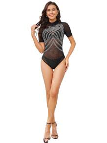Black Cat Ears Shape Rhinestones Short Sleeve Bodysuit
