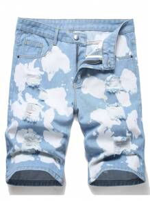 European And American Men Donkey Patch Holes Denim Shorts - Light Wash - View 1