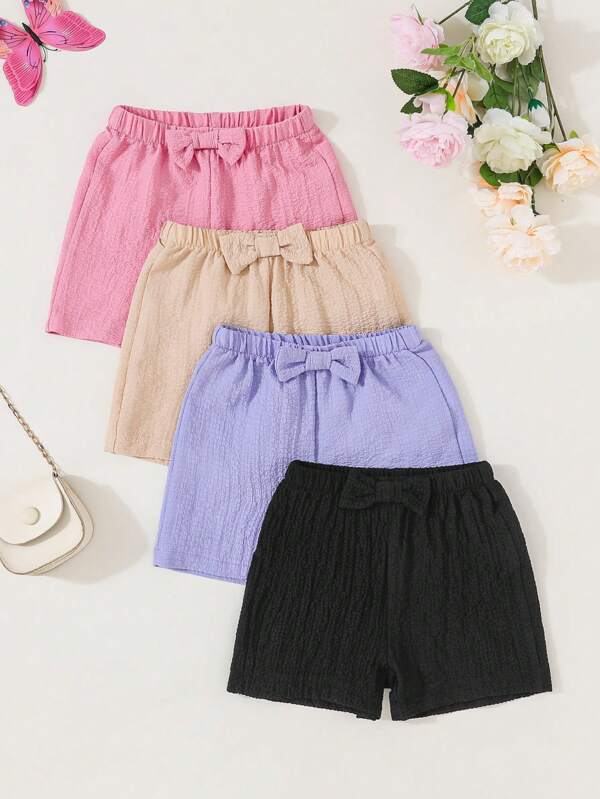 SHEIN Vintaside Kids Young Girl 4pcs/Set Fashionable And Cute Bowknot Design Sports Shorts In Summer, School, Campus, College Summer Holiday