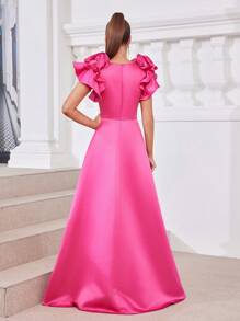 SHEIN Belle 优雅时尚的玫瑰红缎面 3D 花朵装饰方形领口 A 字形复古公主毕业正式优雅晚礼服舞会婚礼宾客礼服，适合晚宴 - 玫紅色 - 查看 3