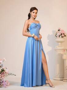 SHEIN Belle 浪漫優雅的女士藍色緞面無肩帶連衣裙，胸前飾有蝴蝶結，高開叉A字設計，非常適合當做伴娘禮服 - 藍色 - 查看 6