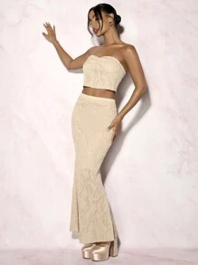 Glamine Summer Elegant Plain Jacquard Tube Top & Fish Tail Skirt Set - Apricot - View 6