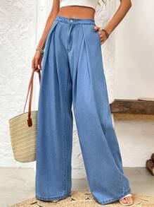 SHEIN LUNE Quần denim ống rộng xếp ly đơn giản hàng ngày cho nữ - Rửa nhẹ - Xem 3