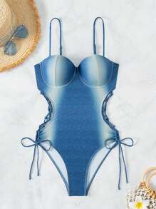 SHEIN Swim Traje de baño para mujeres con cordones de encaje y estampado en la parte superior