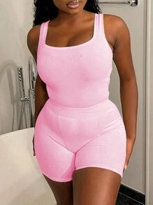 SHEIN 純色方領緊身背心和短褲 - 粉色 - 查看 2