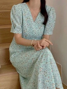 DAZY Đầm cổ chữ V họa tiết hoa ngọt ngào thanh lịch thời trang dành cho nữ - Màu xanh lam - Xem 3