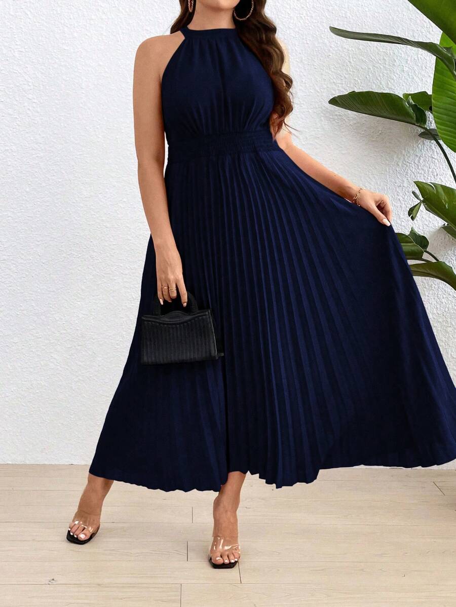 Flirla Große Größen Maxikleid für Damen mit Bubikragen, ärmellos und plissiert, einfarbig