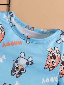Baby Boy Cartoon Dog Print Round Neck Short Sleeve Top And Shorts Home Wear Snug Fit - Blue - View 5
