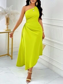 SOLERSUN One Shoulder Cut Out Drawstring Side Asymmetrical Hem Dress Dress Maxi Women Outfit