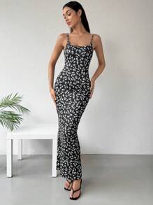 SHEIN Essnce Đầm Nữ Thời Trang Slim Fit Mùa Hè Cổ Vuông Phối Màu Đen Trắng In Hình Thanh Lịch - màu đen - Xem 3