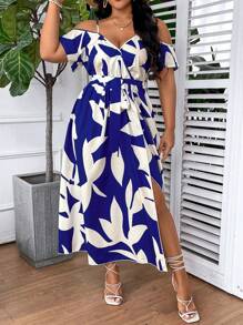 SHEIN VCAY Plus Size Mùa hè thường ngày In hình cây xẻ vai lạnh Đường viền cổ áo ngoài trời - Nhiều màu - Xem 3
