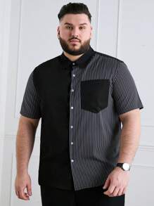 Manfinity Homme Men Plus Size Striped Patchwork Short Sleeve Shirt With Pocket Summer Button Up Color Block Vacation Casual Shirt