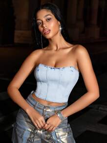 SHEIN BAE ملابس علوية بدون حمالة من الدينيم وقمم صيفية وملابس صيفية وملابس مهرجان وقمة أنبوبية.