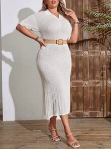 SHEIN LUNE Women Plus Size Solid Color Vacation Style Dress With Notched V-Neckline And Slit