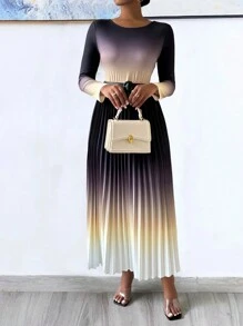 SHEIN Lady Spring Elegant Gradient Color Pleated Long Dress With Waistband