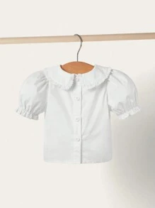 SHEIN Newborn Baby Girl Cute Casual Solid Color Lace Collar Short-Sleeved Shirt & Floral Pattern Overalls Shorts Outfit, Suitable For Summer