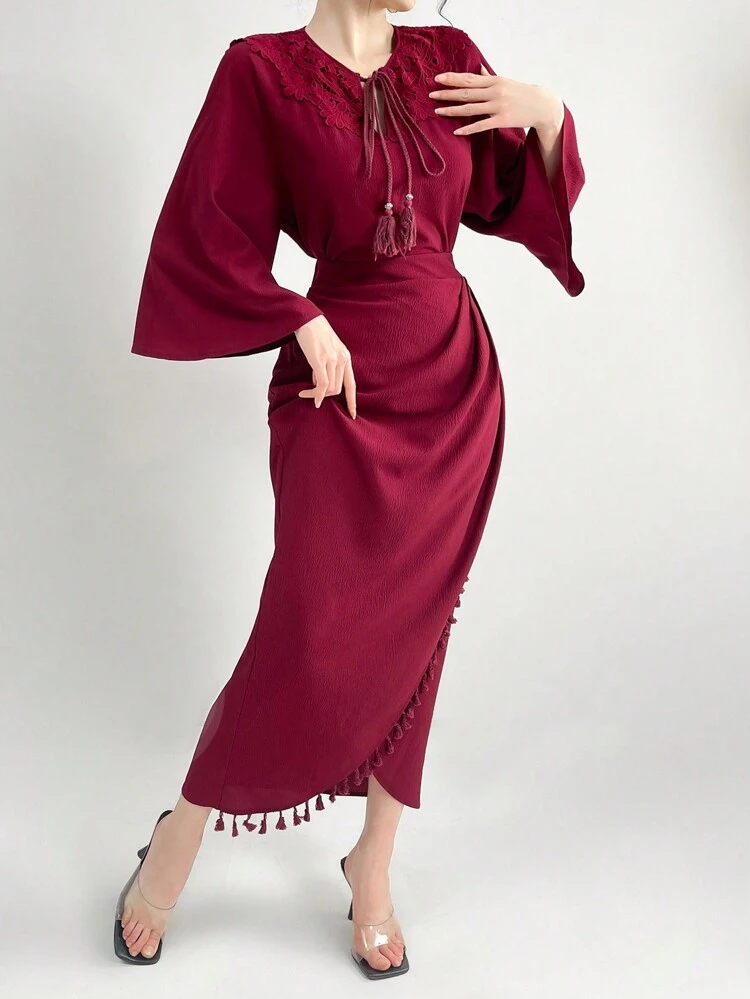 Burgundy Red Solid Color Lace Spliced Tie Neck Top And Skirt Set 2 Pieces Set