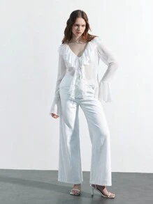 Maija Women's Casual Solid Color Ruffle Flared Sleeve Blouse, Spring/Summer - White - View 6