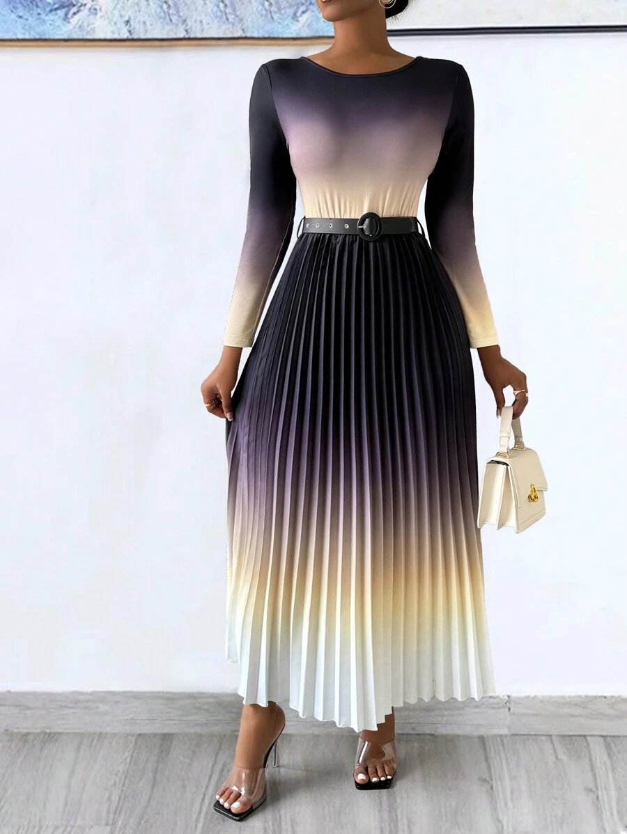 SHEIN Lady Spring Elegant Gradient Color Pleated Long Dress With Waistband