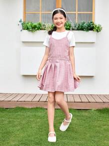 SHEIN Tween Girl Campus Plaid Mock 2 In 1 Crop Top & Pleated Skirt Set - Pink - View 1