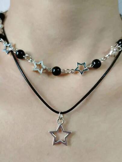 Goth 2pcs Bohemian Style Simple Faux Pearl Hollow Out Five-Pointed Star Charm Collarbone Necklace Set Fashionable Star & Round Beaded Necklaces For Women