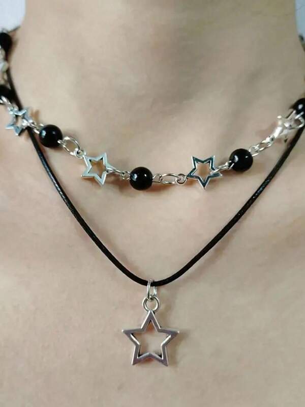 ROMWE Goth 2pcs Bohemian Style Simple Faux Pearl Hollow Out Five-Pointed Star Charm Collarbone Necklace Set Fashionable Star & Round Beaded Necklaces For Women