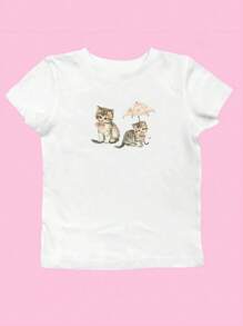 INAWLY Y2K Cat Print Minimalistisch Casual Dames Korte Mouw Zomer T-shirt Grafische Tees Dames Tops