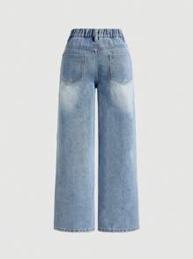 SHEIN Girlism Tween Girls' Y2K Vintage Washed Ripped Baggy Summer Denim Wide Leg Jeans With Slant Pocket,Girls Spring And Summer Bottom - Medium Wash - View 2