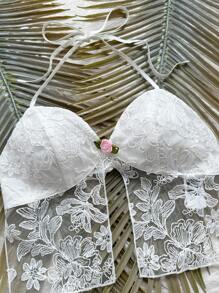 Soleia Áo sơ mi trắng đi nghỉ mát dành cho nữ WYWH thêu 3D, hở mặt trước và có dây buộc cổ - trắng - Xem 4