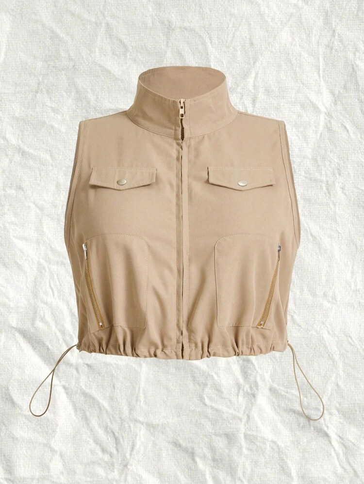 Plus Size Street Style Music Festival Shortened Loose Workwear Tank Top For Summer With Drawstring Hem