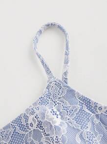 SHEIN MOD 牛仔布与蕾丝短款吊带背心，夏季 - 藍色 - 查看 4