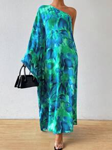 Breezaya 女士花卉印花不对称斗篷袖长裙女式长款服装 - 彩色 - 查看 3