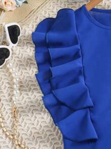 SHEIN Conjunto de outfit para niña preadolescente con top de cuello redondo con volantes y pantalones anchos de pierna ancha con botones en la parte delantera - Azul y blanco - Ver 6